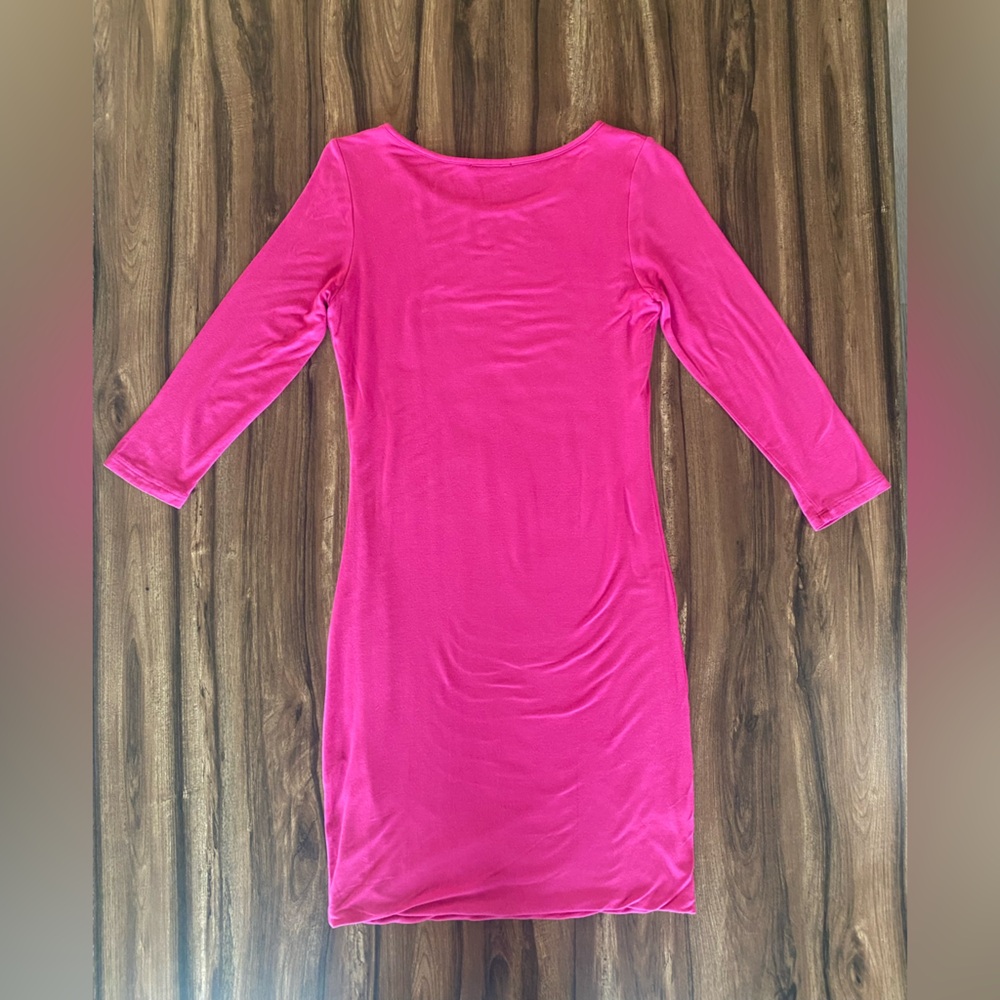3/4 Sleeve Bodycon Mini Dress in a Vibrant Barbie Y2K Hot Pink SZ Medium - Picture 2 of 8
